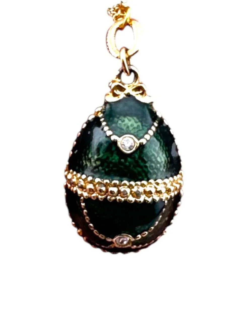 Faberge Egg Necklace Emerald Green Pendant Gold Tone Stainless Steel 18